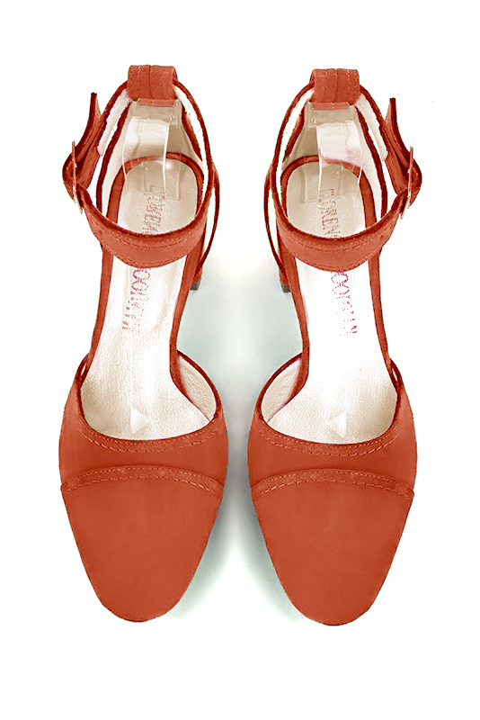 Terracotta orange women's open side shoes, with a strap around the ankle. Round toe. Medium flare heels. Top view - Florence KOOIJMAN